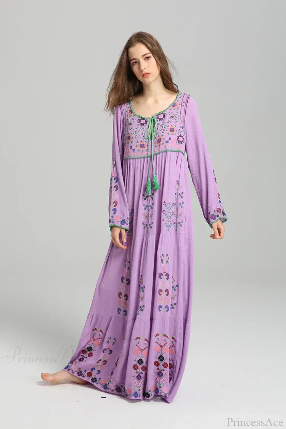 Embroidery Floral Long-sleeved Gypsy Maxi Boho Dress