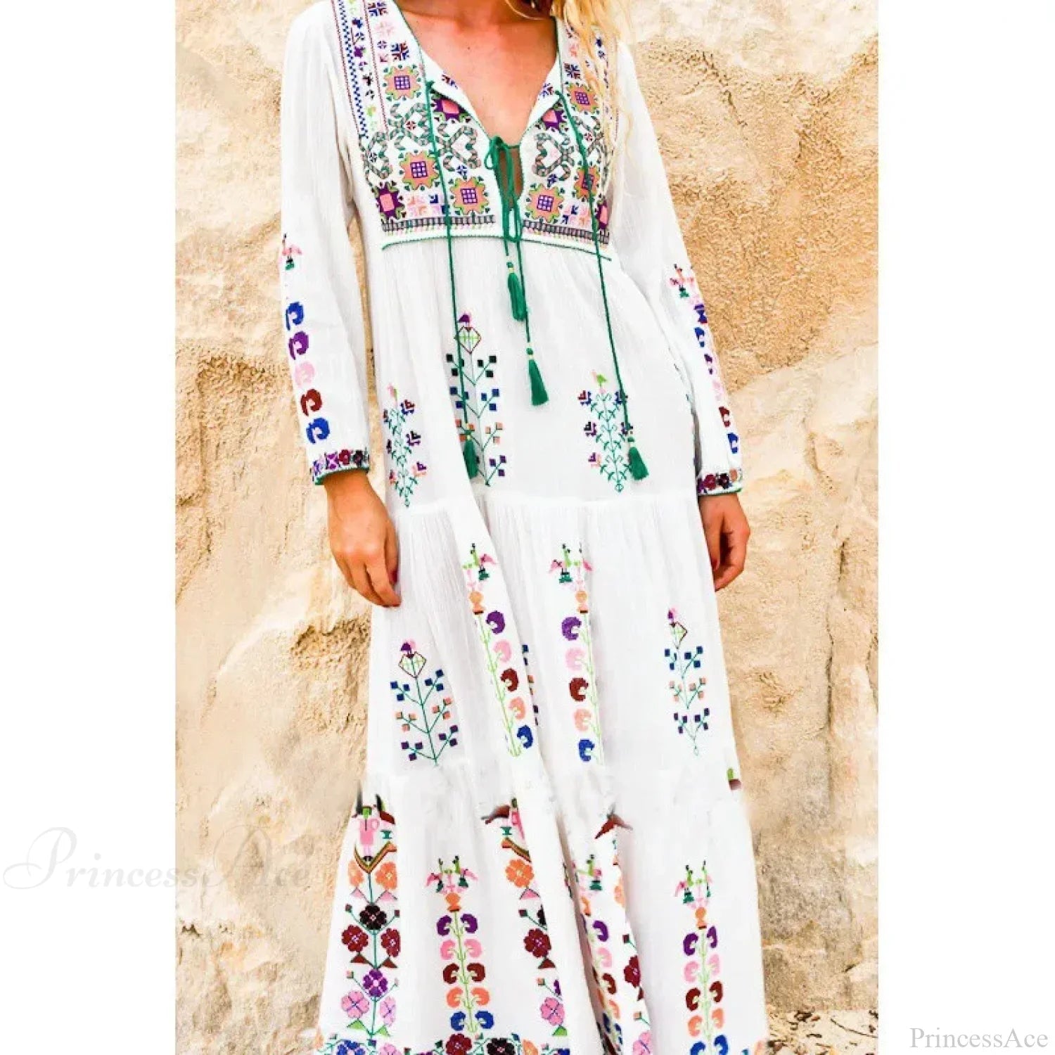 Embroidery Floral Long-sleeved Gypsy Maxi Boho Dress