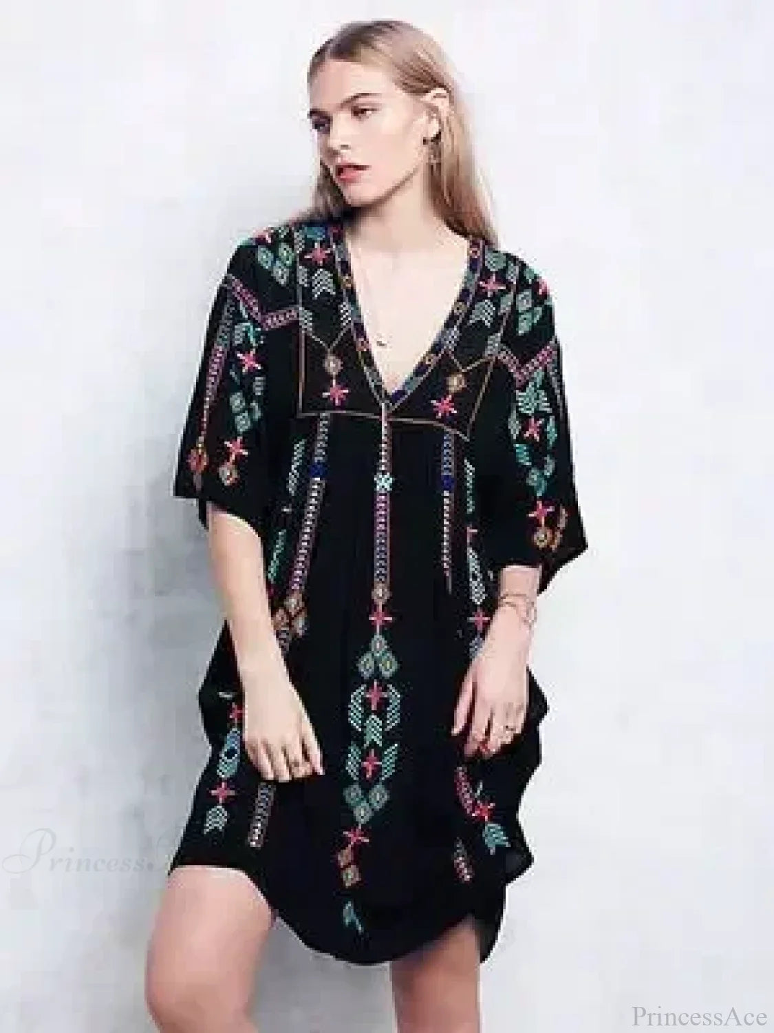 Embroidery Loose V-neck Black Elegant Boho Dress