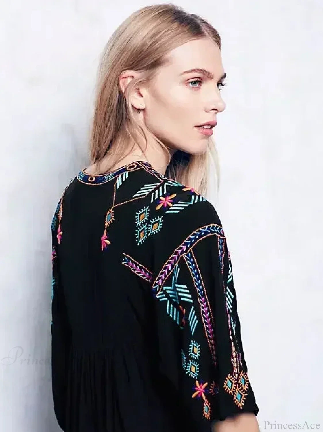 Embroidery Loose V-neck Black Elegant Boho Dress