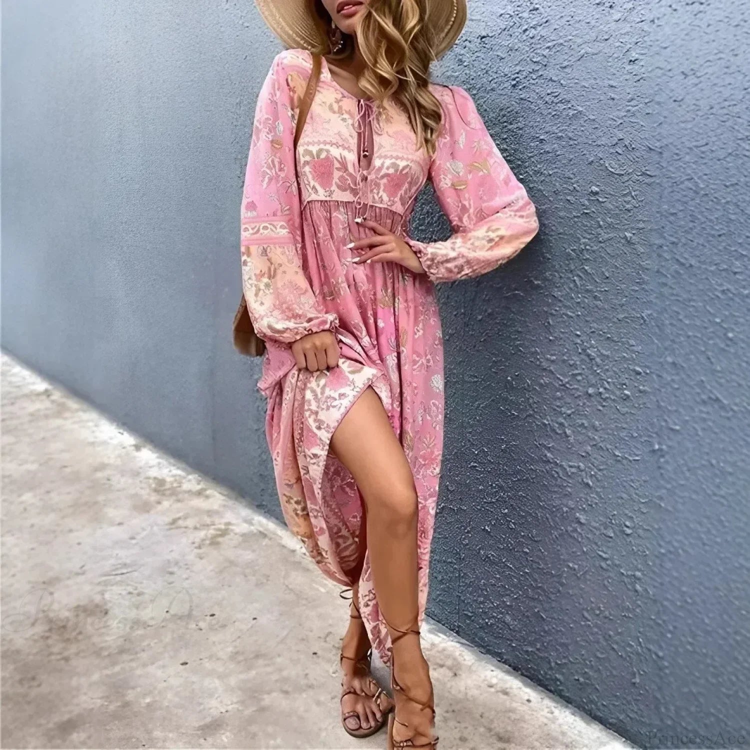 Ethnic Pink Floral Print Neck Tie Tassel Pleated Maxi Boho Dress