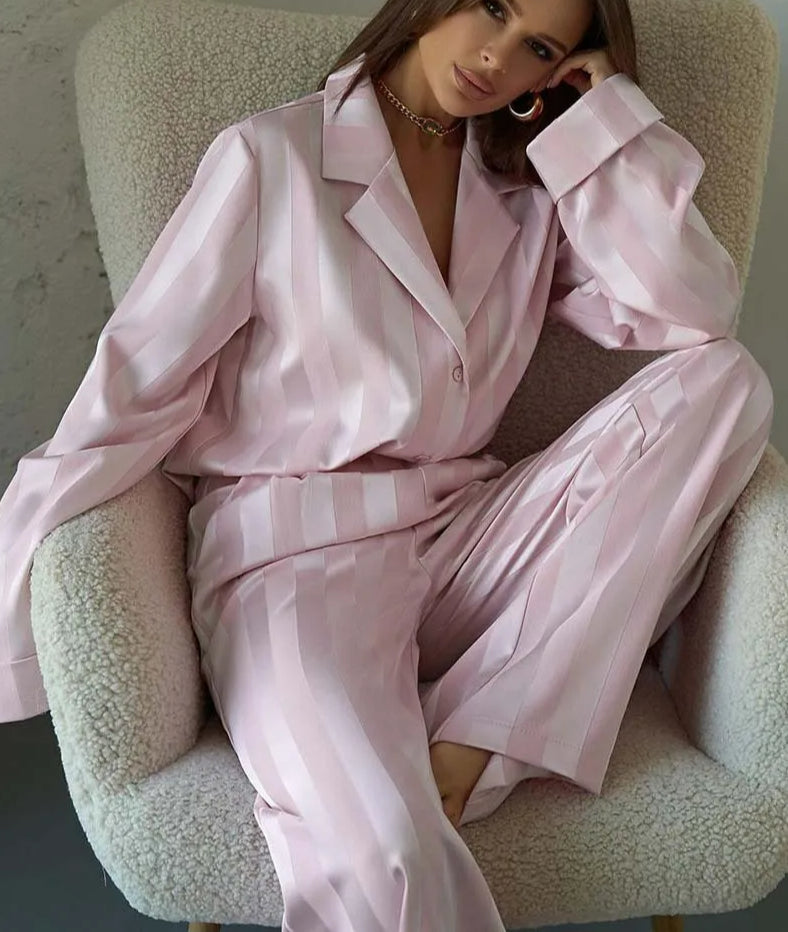 Pink Print Lapel Full Pants Office Two Piece Set