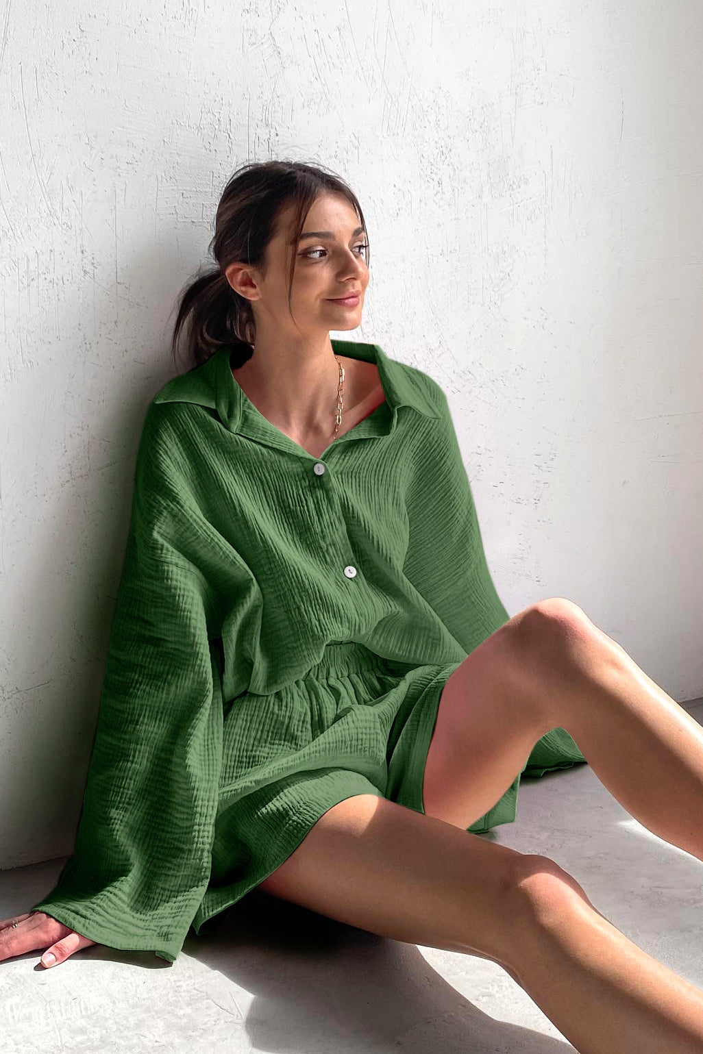 Cotton Long Sleeve Shirt Wide Leg Pants Two Piece Set