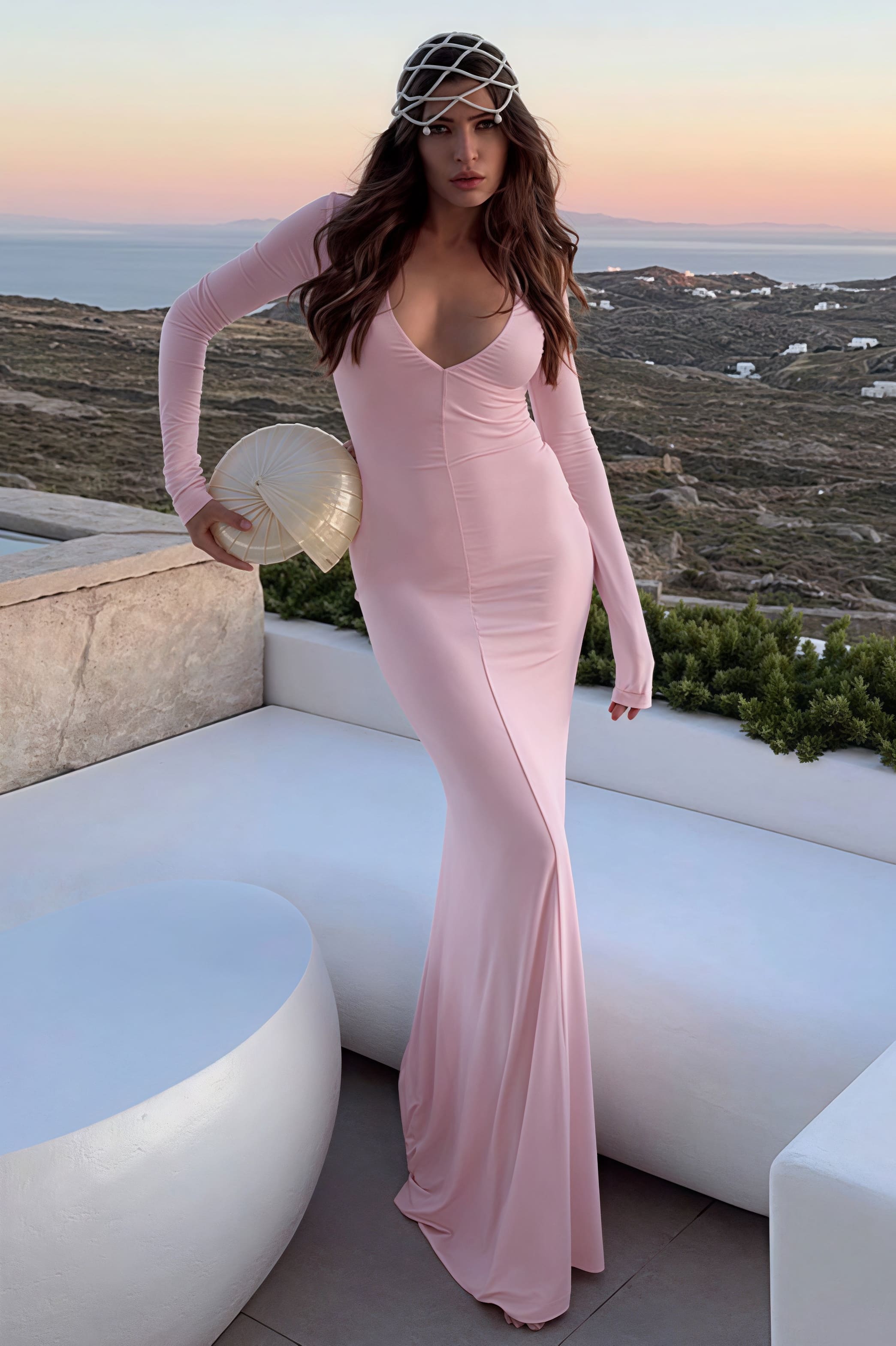 Elegant Sexy Deep V-Neck Long Sleeve Bodycon Maxi Dress