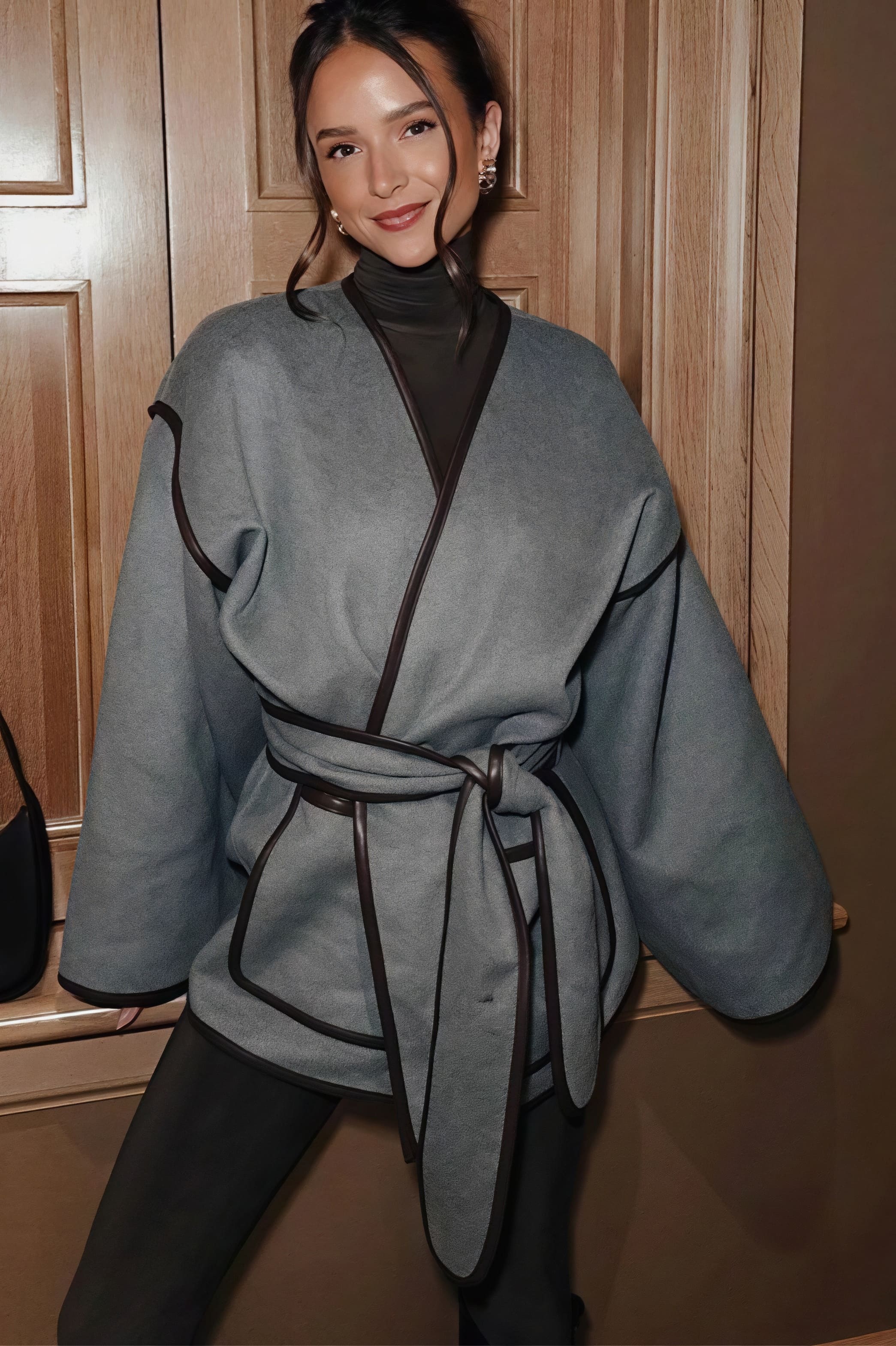 Chic Leather Pieced Two-tone Belted Coat