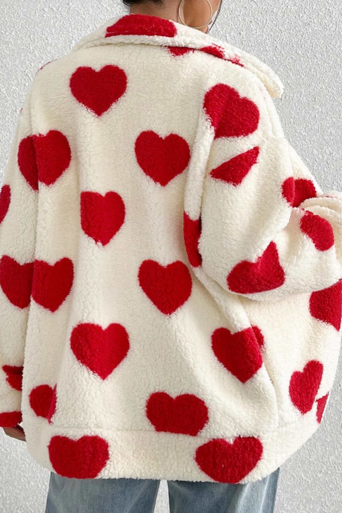 Fuzzy Heart Print Oversized Long Sleeve Zip Coat