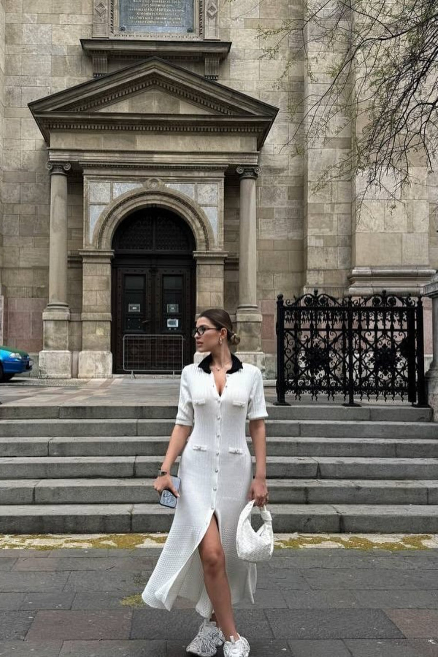 Single Breasted V Neck Knitted Slit Peter Pan Collar Midi Dress