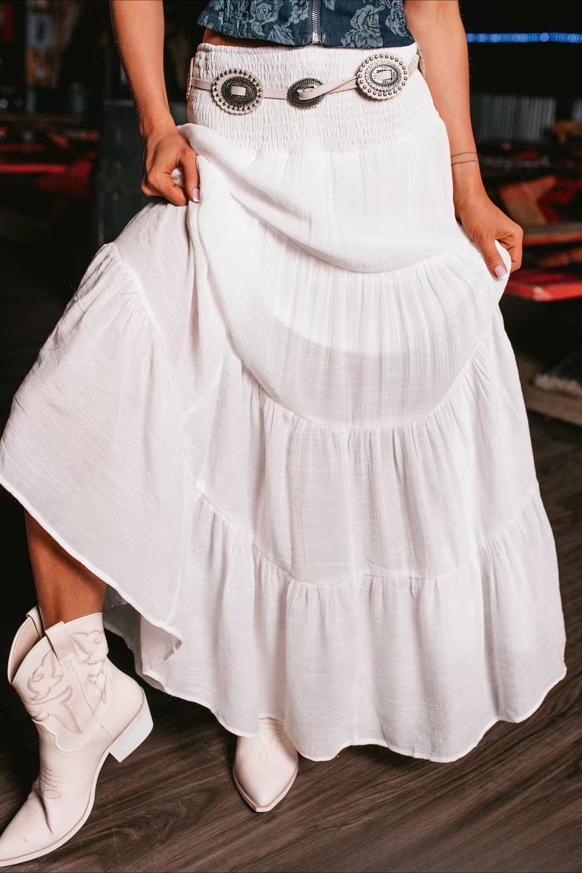 Boho elegantní maxi sukně do pasu s kontrastním stahováním a áčkovým střihem