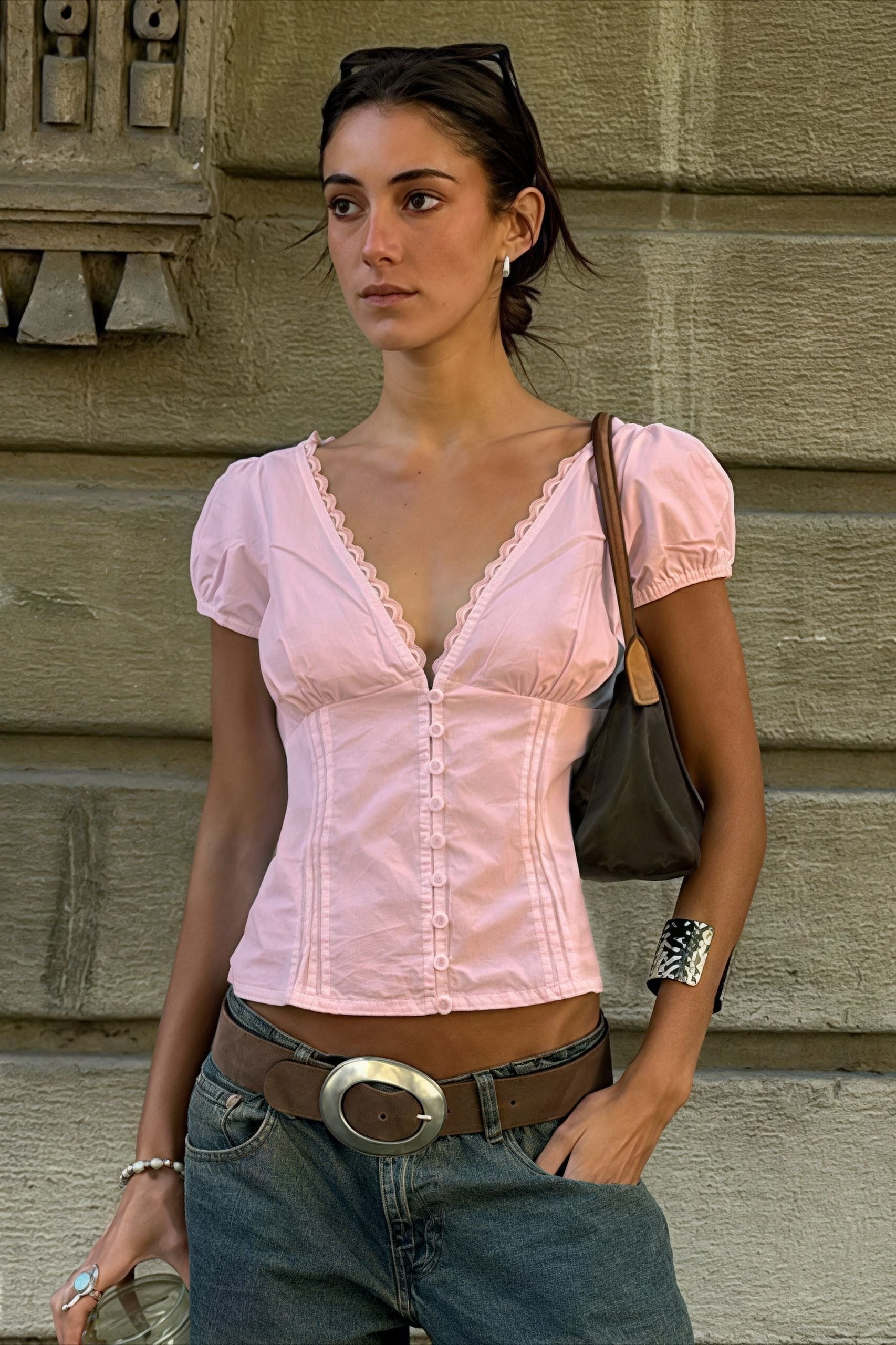 Lace Patchwork V Neck Puff Sleeve Blouse