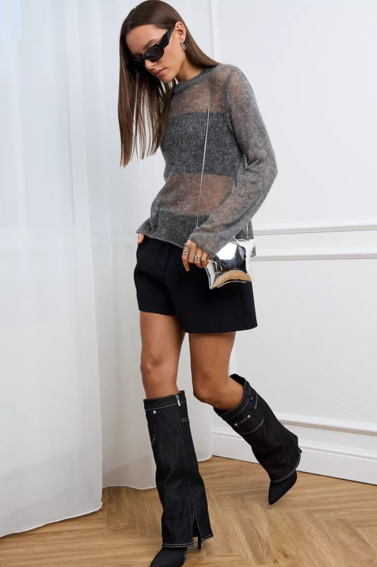 Blusa de Tricô Solta com Recortes em Mistura de Lã