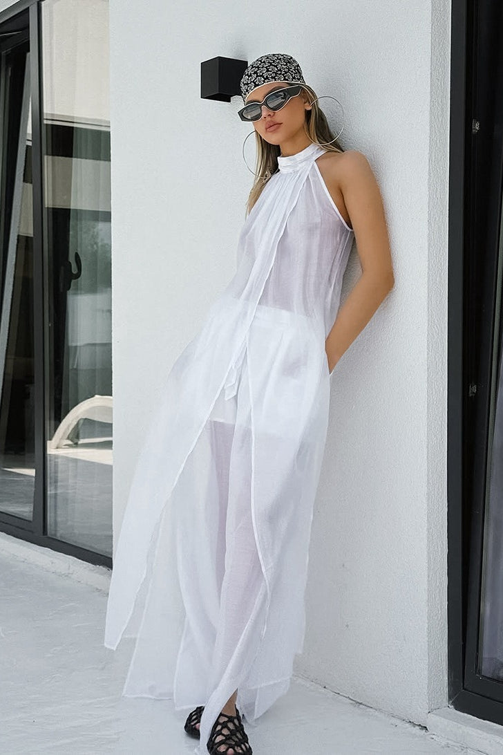 Conjunto casual de dos piezas sin mangas con halter y fluidez en Tencel