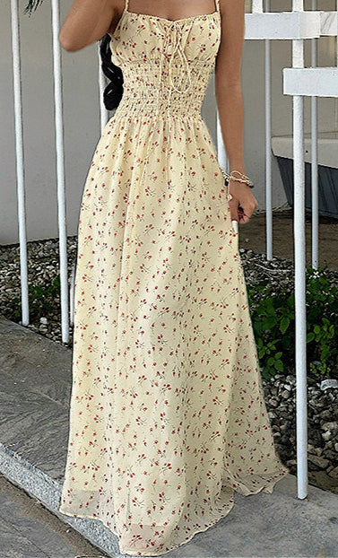 Vestido maxi floral con escote en V fruncido, cintura alta y línea A, estilo camisola sexy
