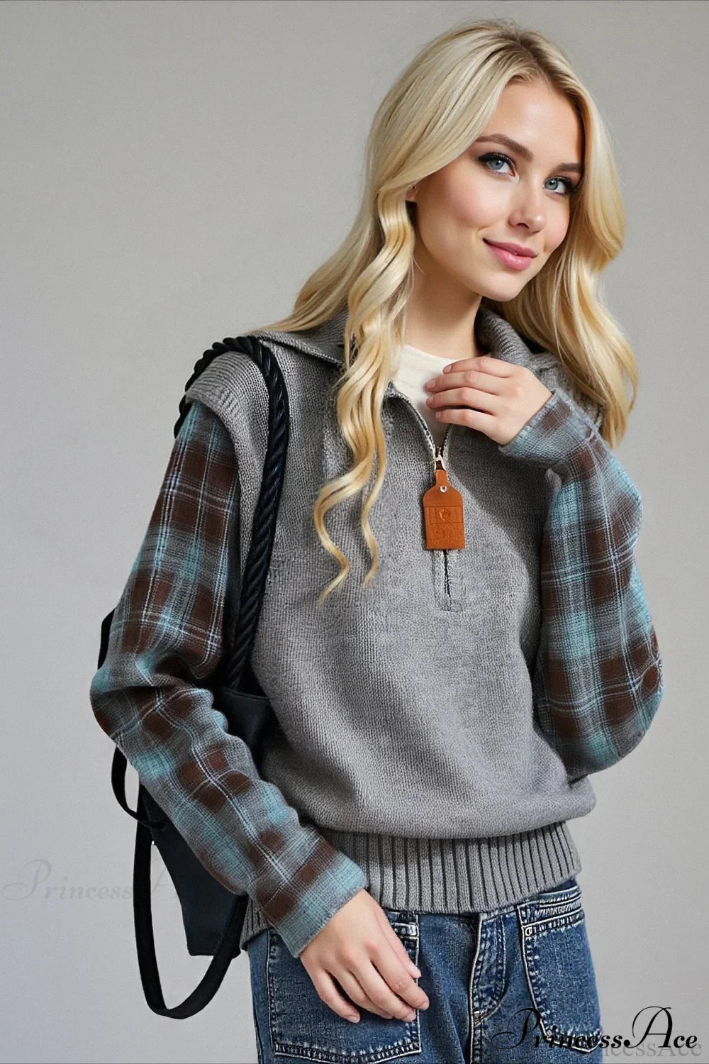 Fake Two Piece Plaid Contrast Half Zip Collared Sweater