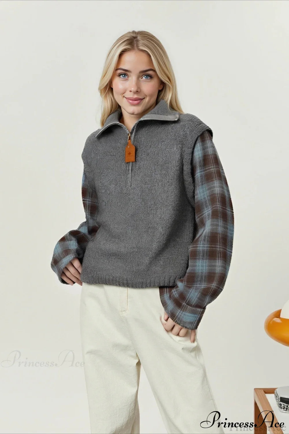 Fake Two Piece Plaid Contrast Half Zip Collared Sweater