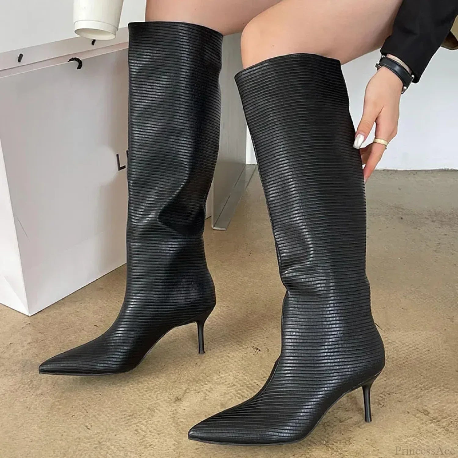 Fashion Pointed Designer Modern Party Western Long Thin Low Heel Knee High Boot