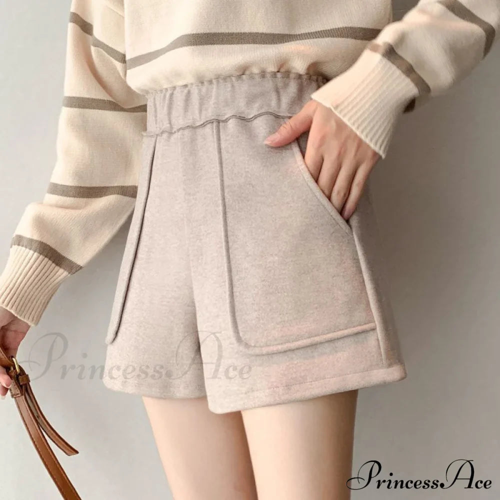 Fashion Solid Wide Leg Woolen Shorts