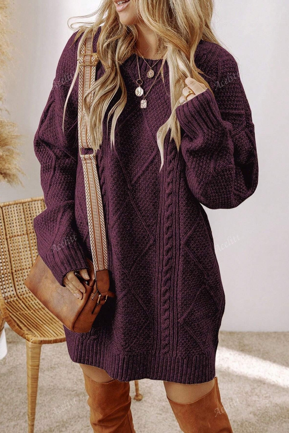 Vintage Textured Knit Midi Sweater