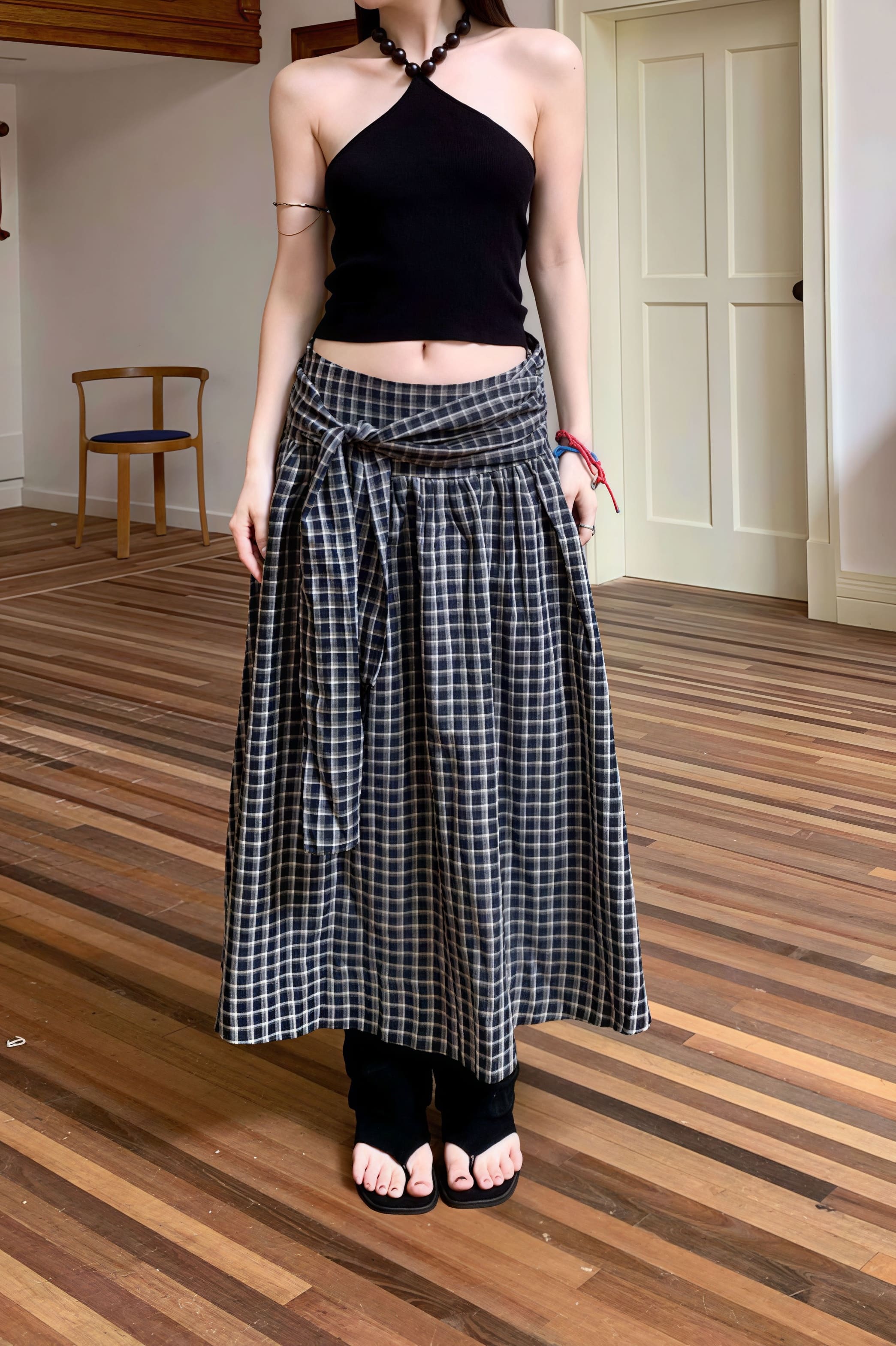 Color Block Plaid Tie Side Zip Loose Skirt