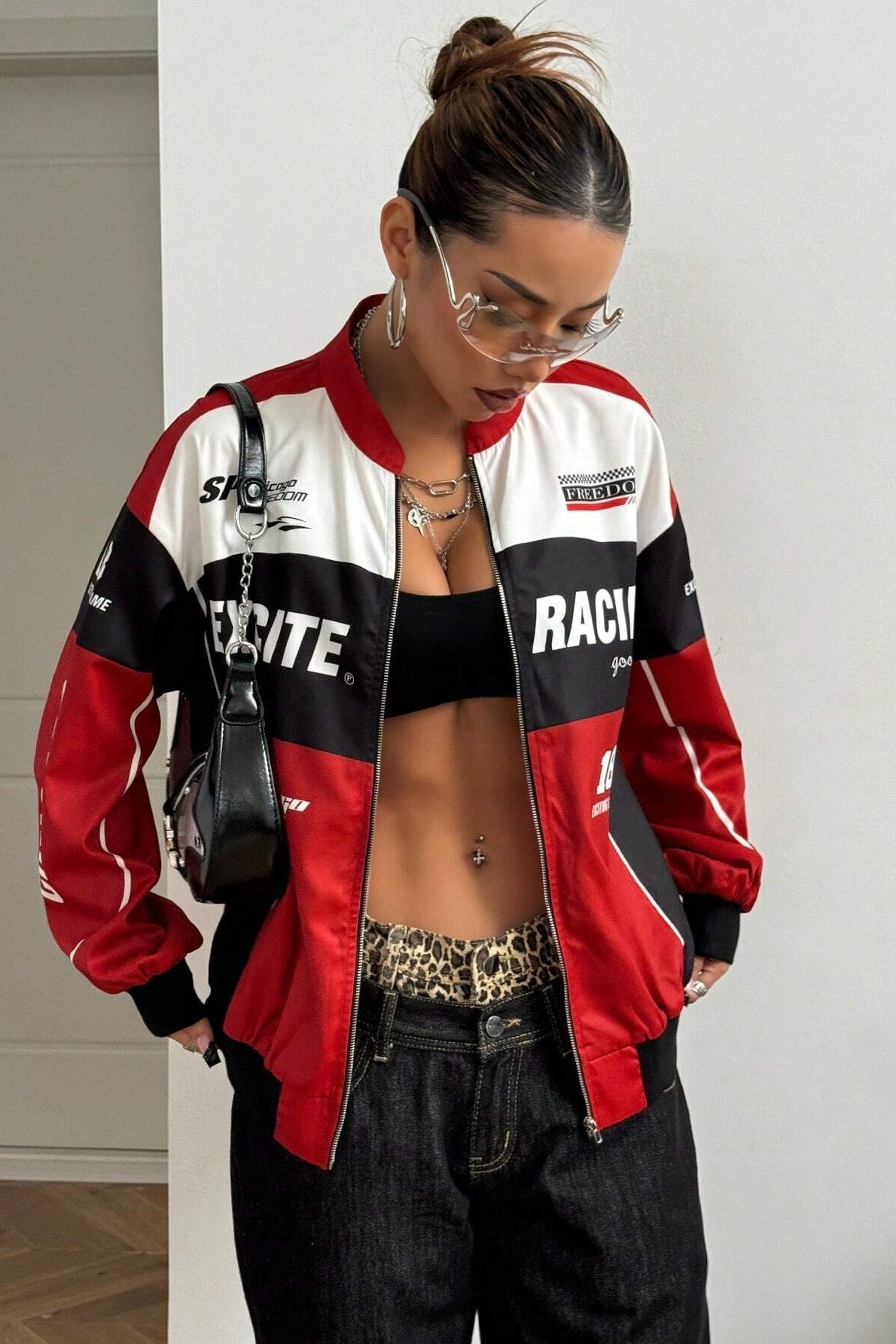 Chaqueta larga de manga con cremallera, diseño de letras, bloque de color, estilo motero chic