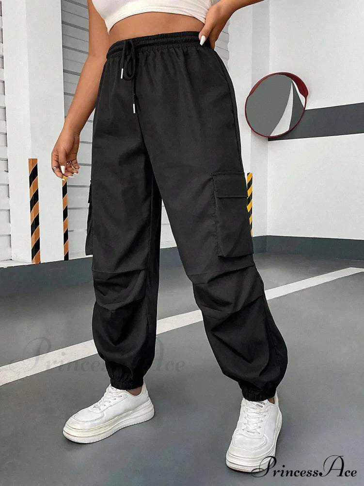 Flap Pocket Side Drawstring Waist Cargo Pants