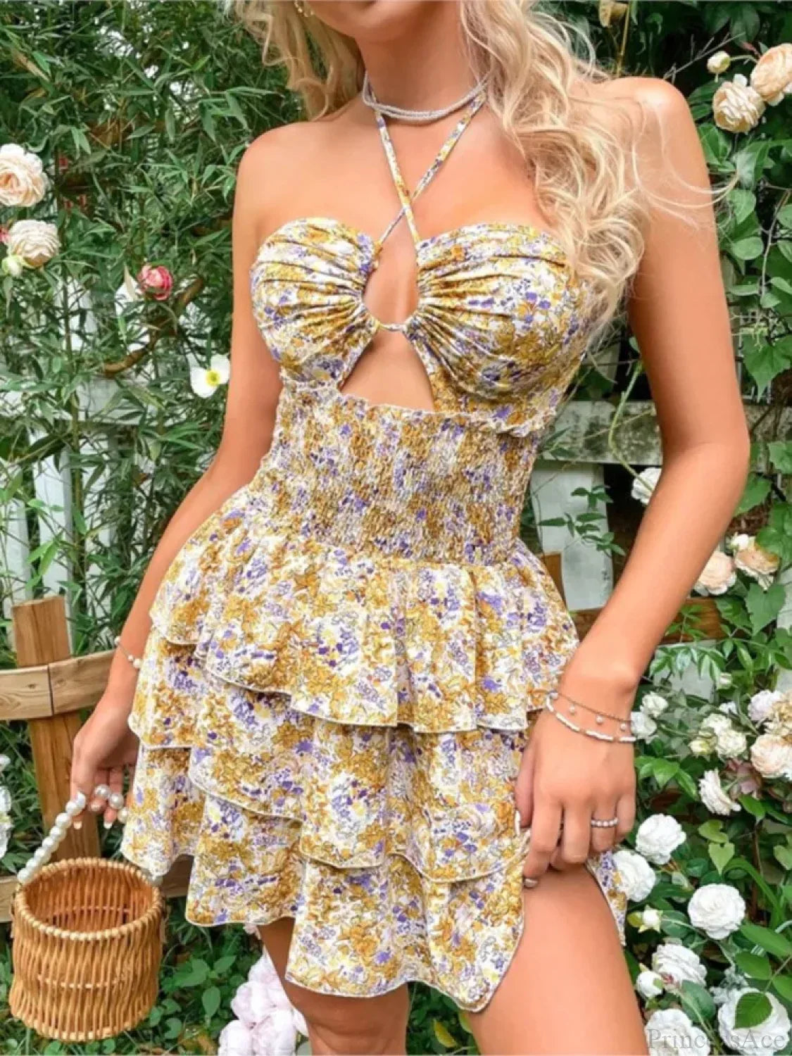 Floral Halter Neck Lace-Up Mini Floral Dress