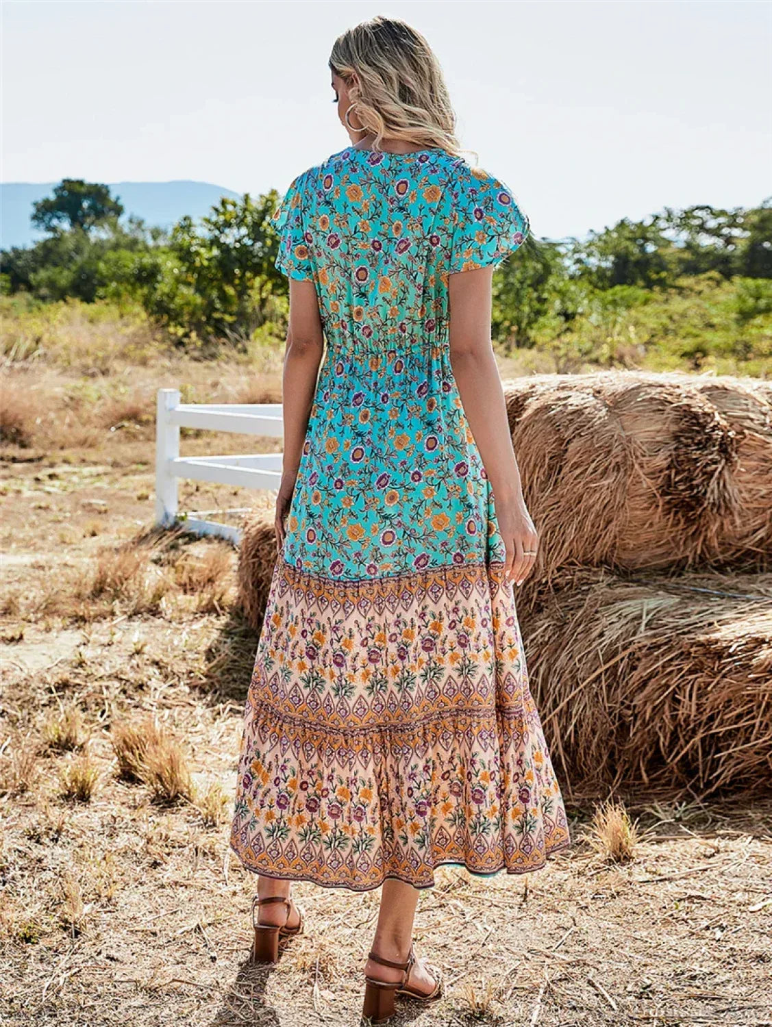 Floral Print Button V-neck Pleated Rayon Beach Maxi Boho Dress