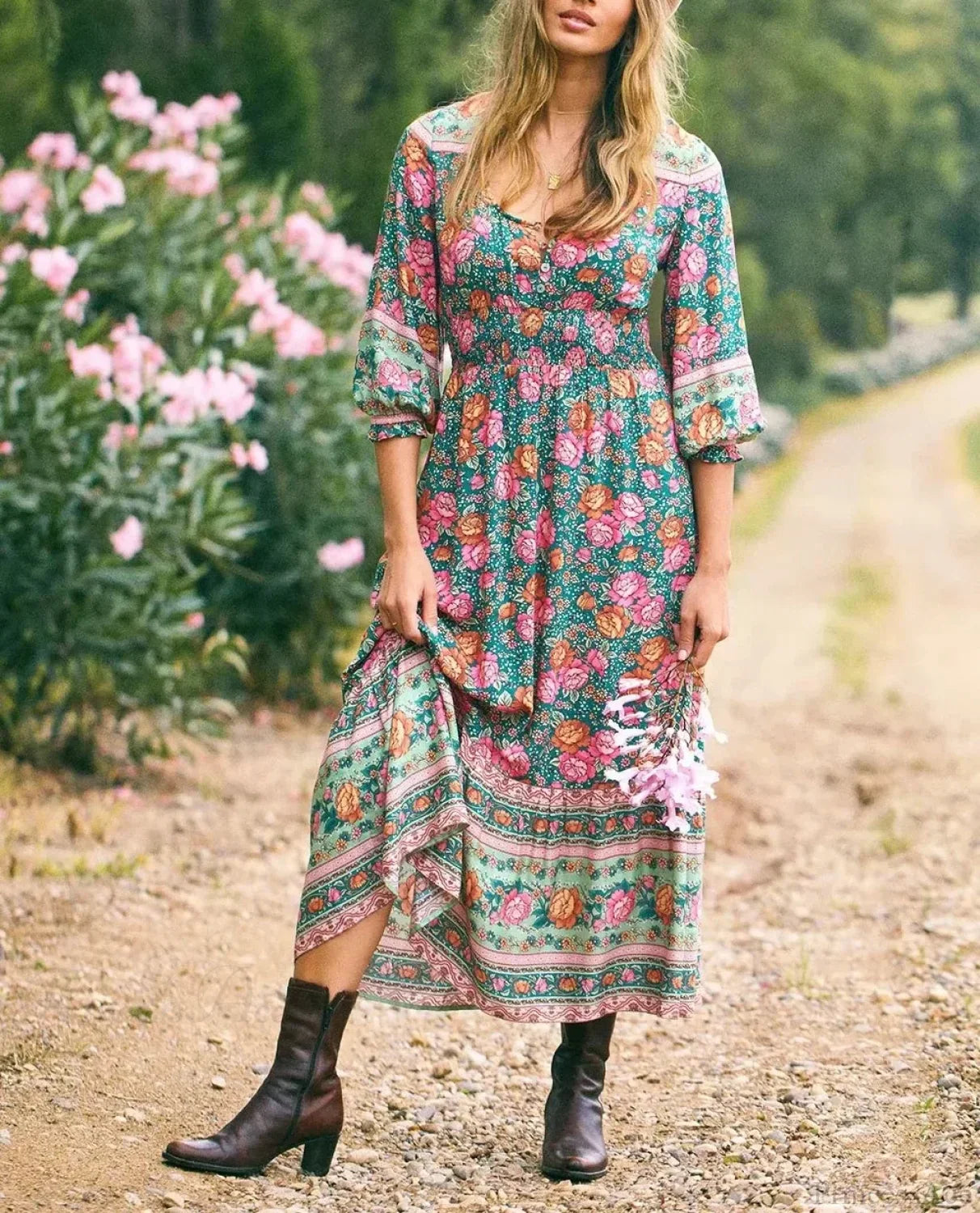 Floral Print Cross V-neck Button Summer Boho Dress