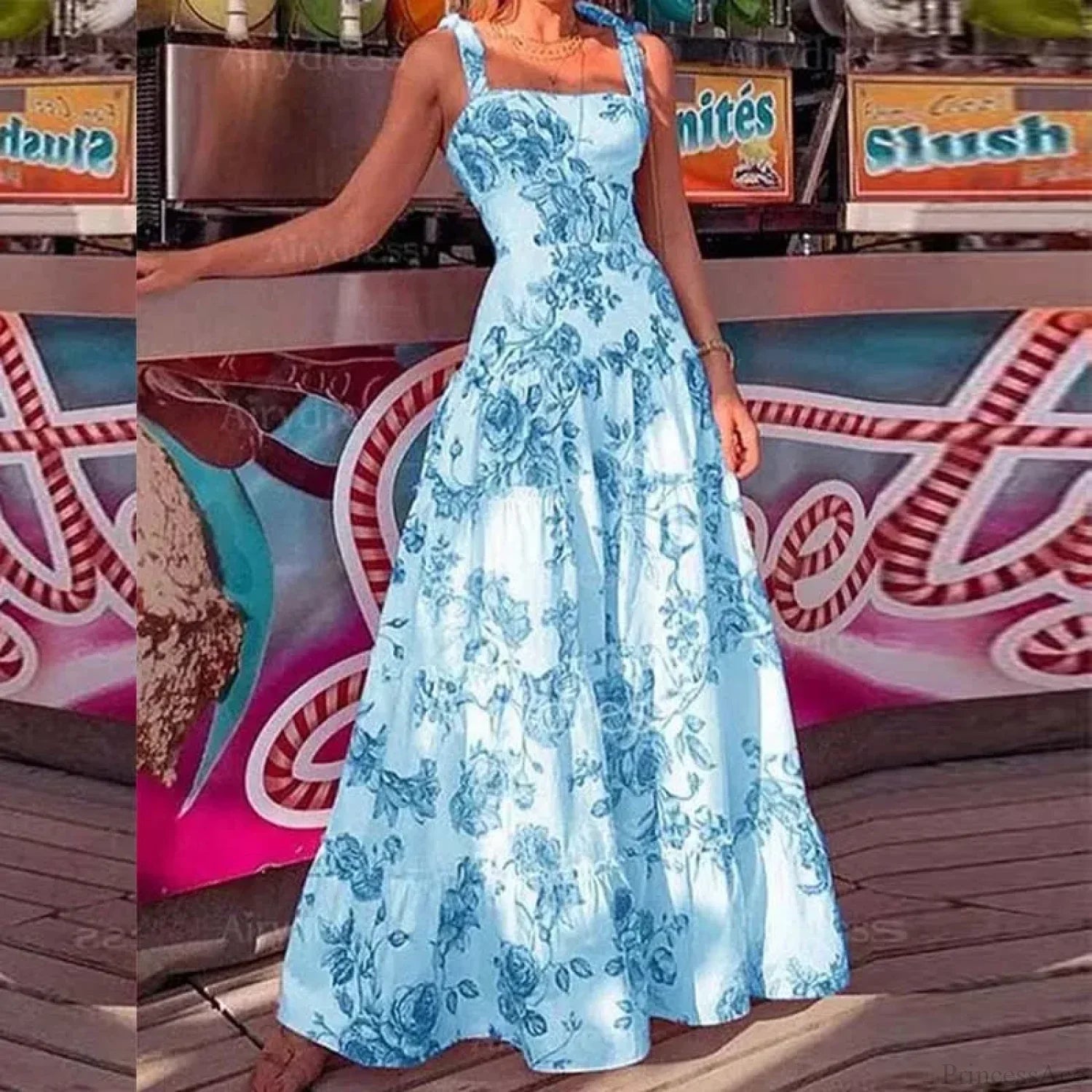 Vestido Longo Floral de Alças Finas com Cintura Alta