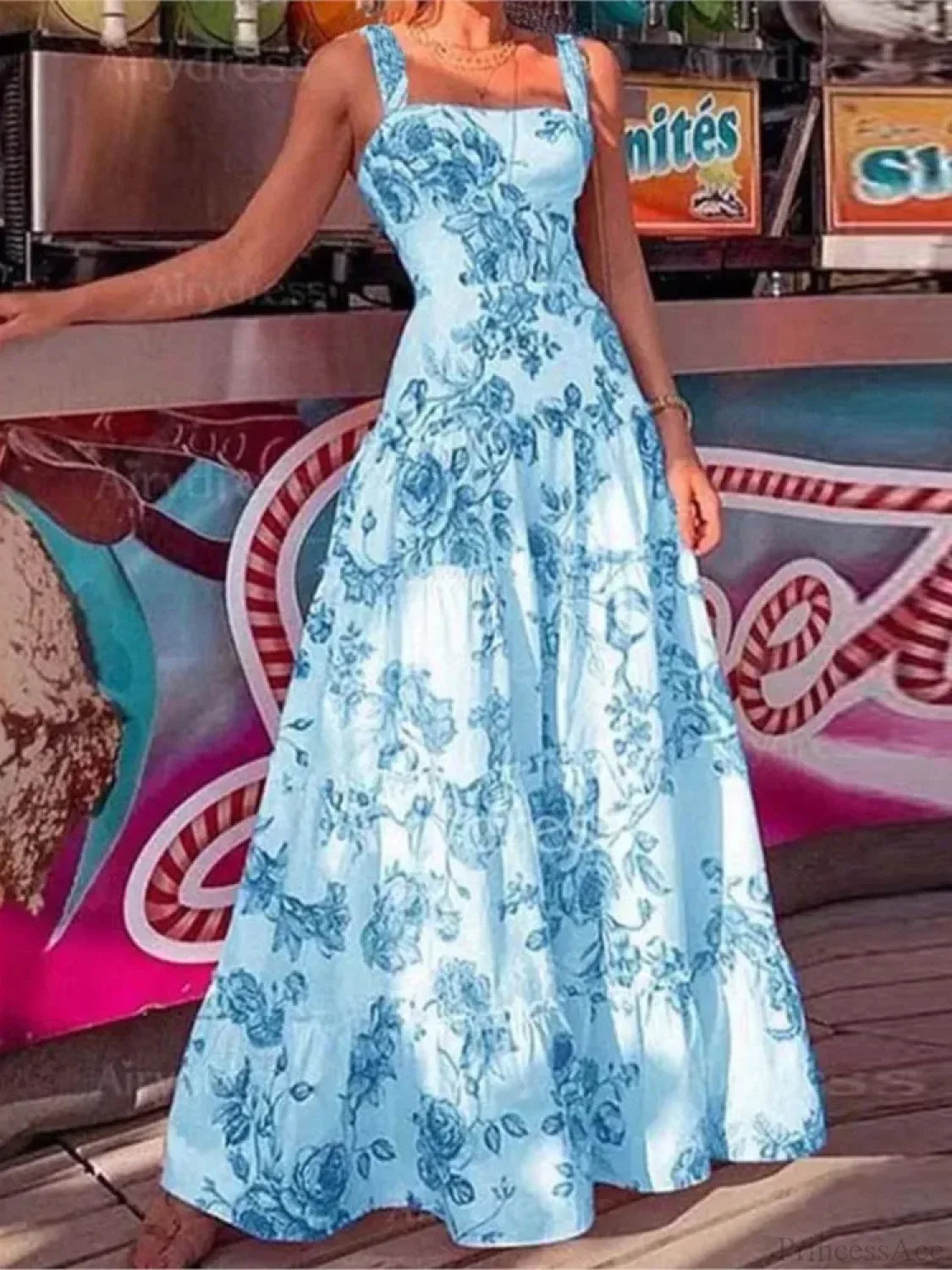 Vestido Longo Floral de Alças Finas com Cintura Alta
