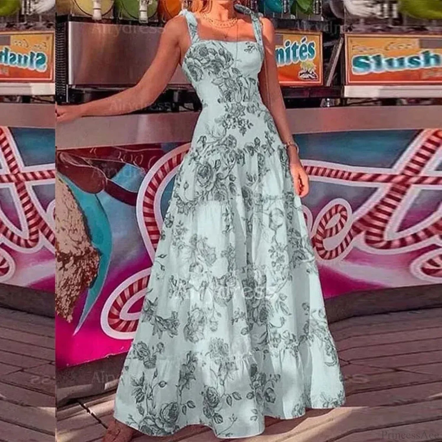 Vestido Longo Floral de Alças Finas com Cintura Alta
