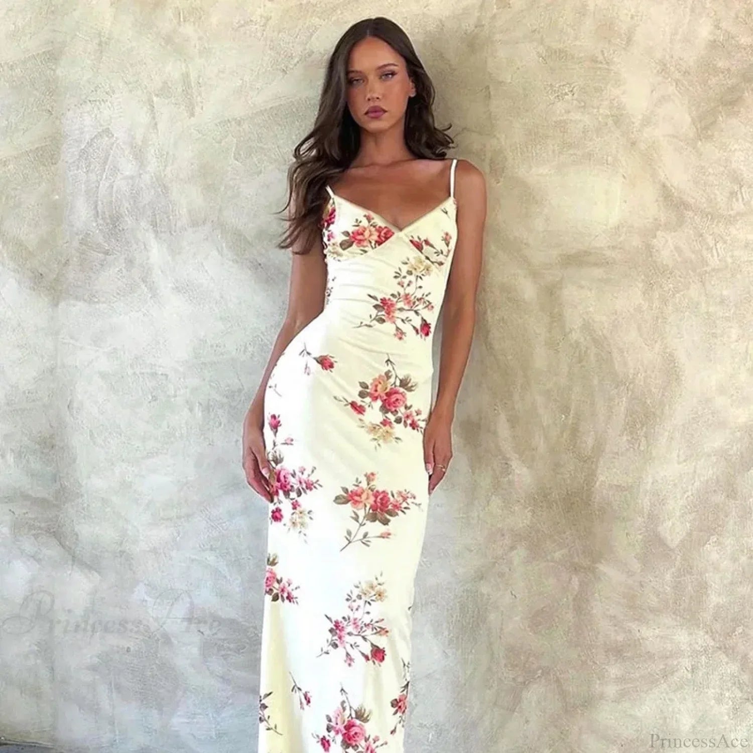 Vestido Longo Floral Slim com Decote V