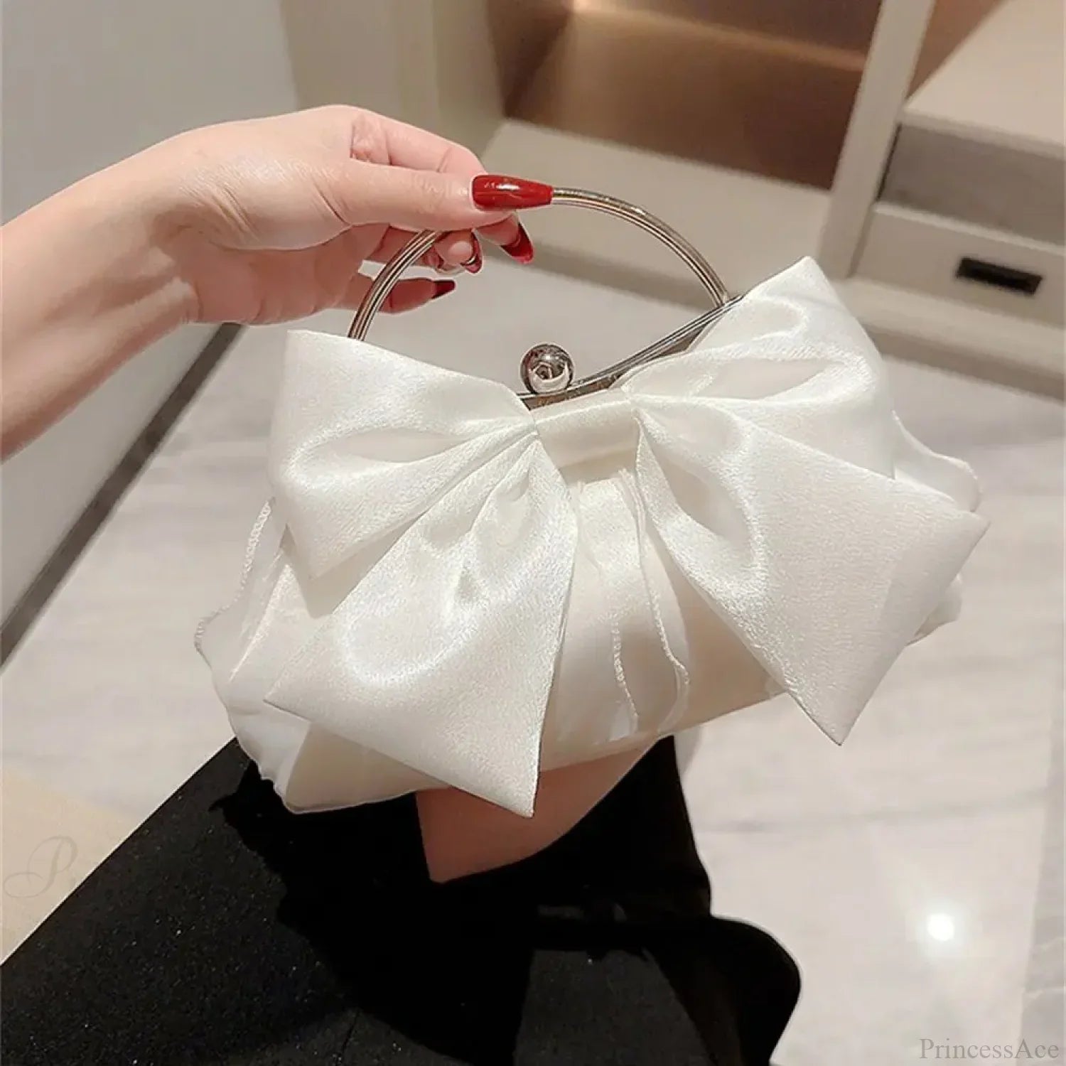 Gold Silk Bowknot Evening Bag Women Elegant Banquet Shoulder Handbag
