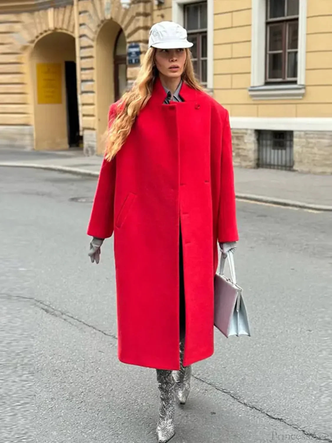 Cappotto grigio casual in lana con collo a lancia e bottoni frontali