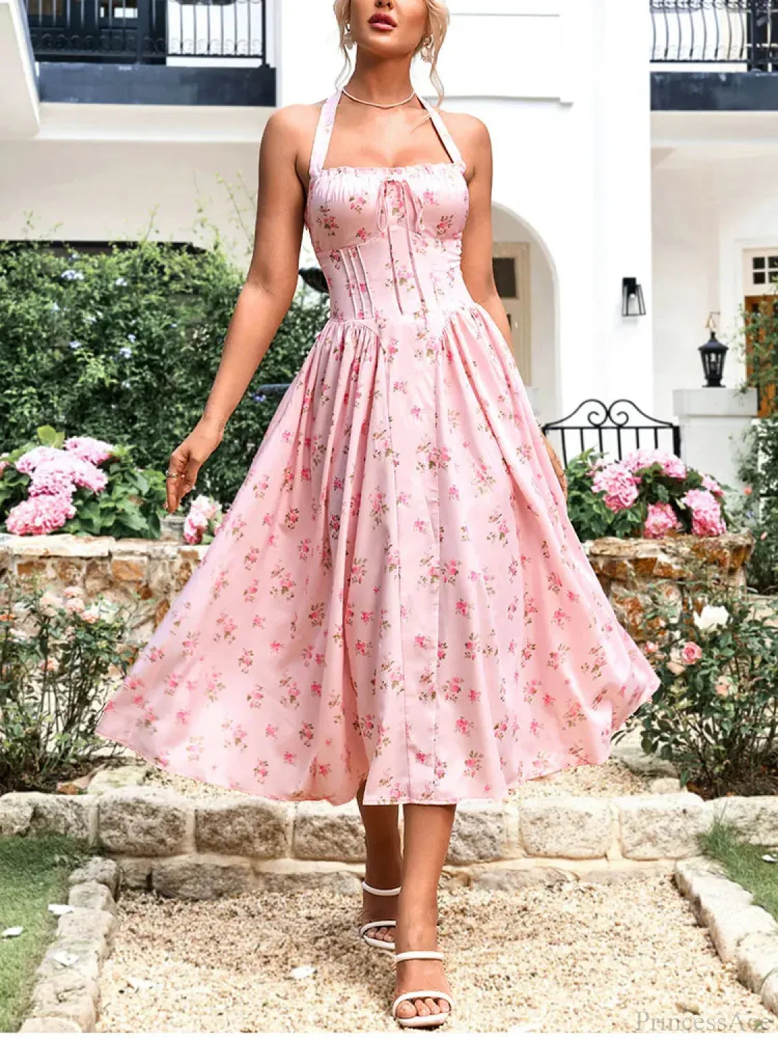 Abito rosa floreale stampato, senza schienale, con collo all'americana
