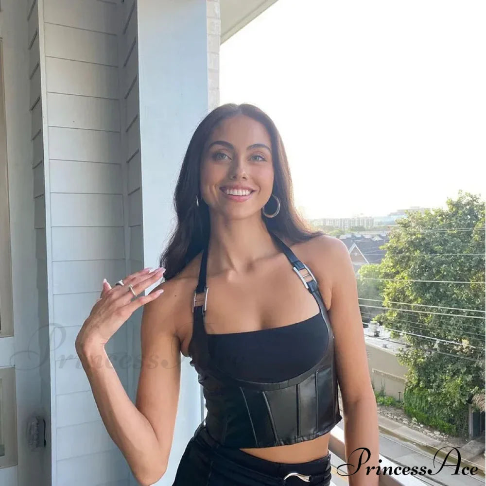 Hanging Neck Sexy Black Nightclub Matte Charm Hot High Street Shrink Gather Women's Navel Short Vest Tank top