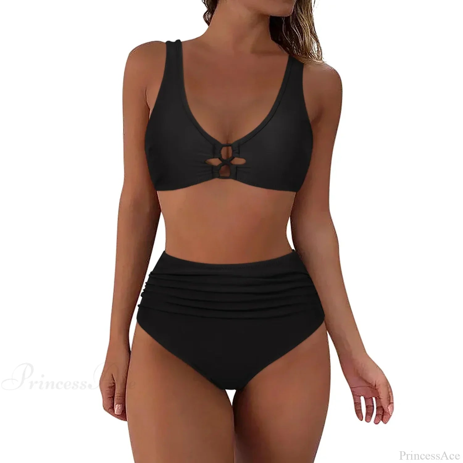 Hollow Solid Color High Waist Two Piece Set