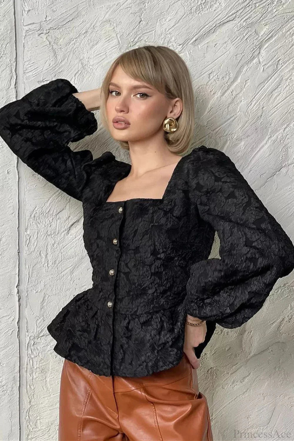 Jacquard Sophisticated Square Neck Puff Sleeve Blouse