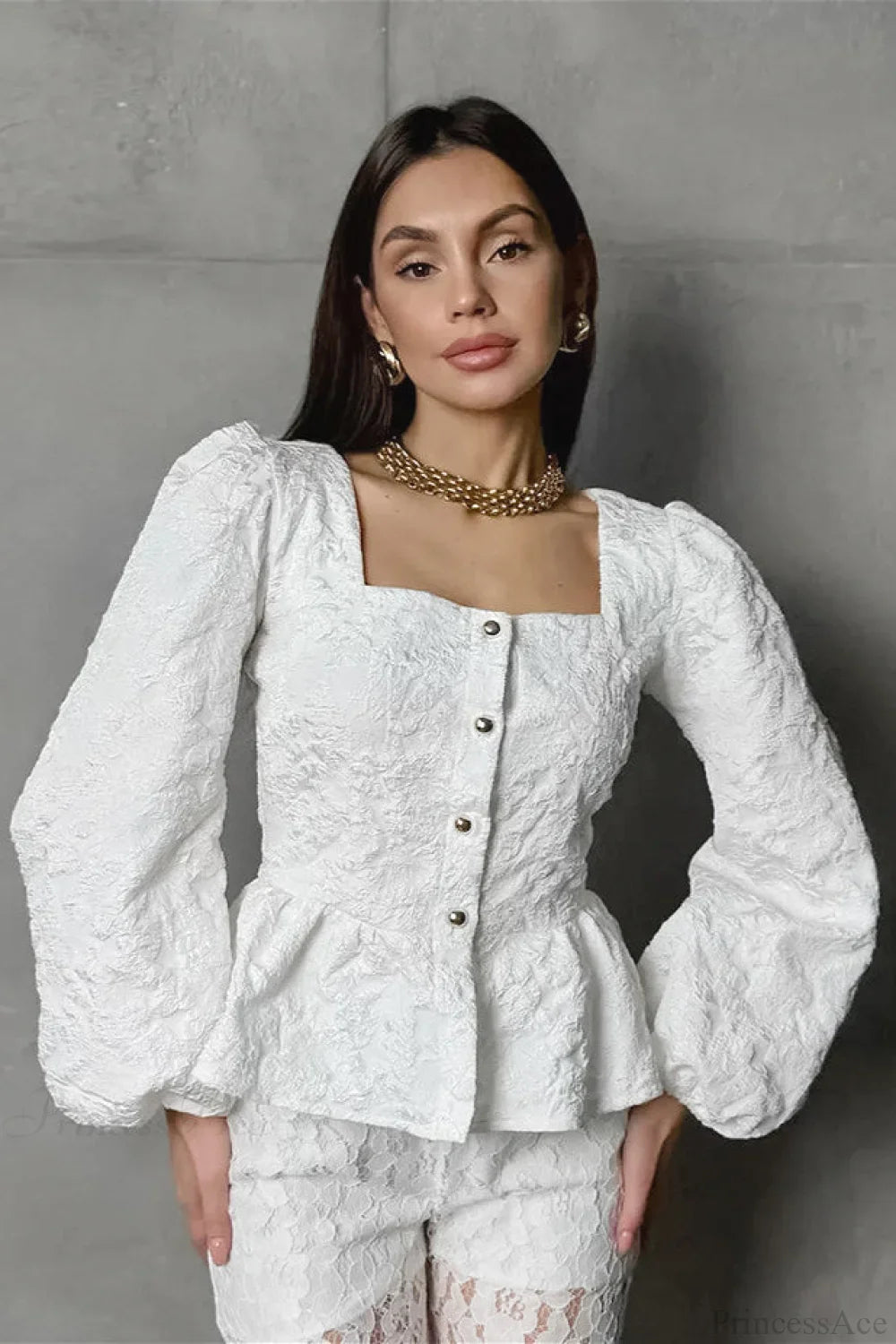 Jacquard Sophisticated Square Neck Puff Sleeve Blouse