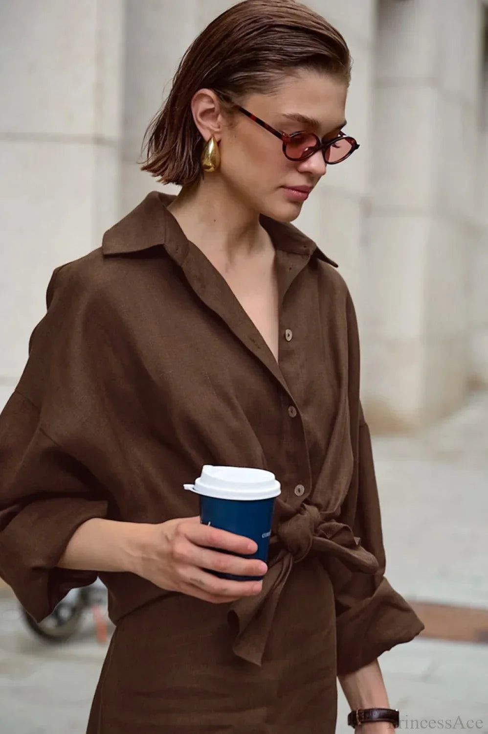 Khakifarbener Baumwoll-Leinen-Lockerer Zweiteiler mit Langarm