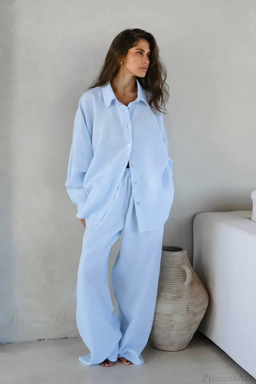 Khakifarbener Baumwoll-Leinen-Lockerer Zweiteiler mit Langarm