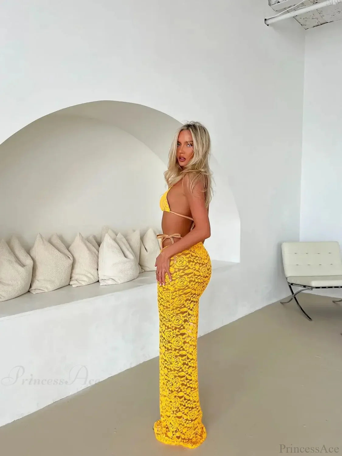 Lace Halter Skirt Three Piece Swimsuit