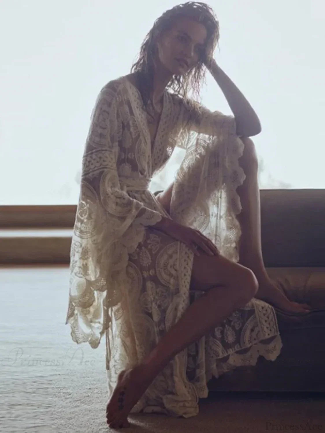 Lace V-Neck Flare Sleeve Beach Cover Up