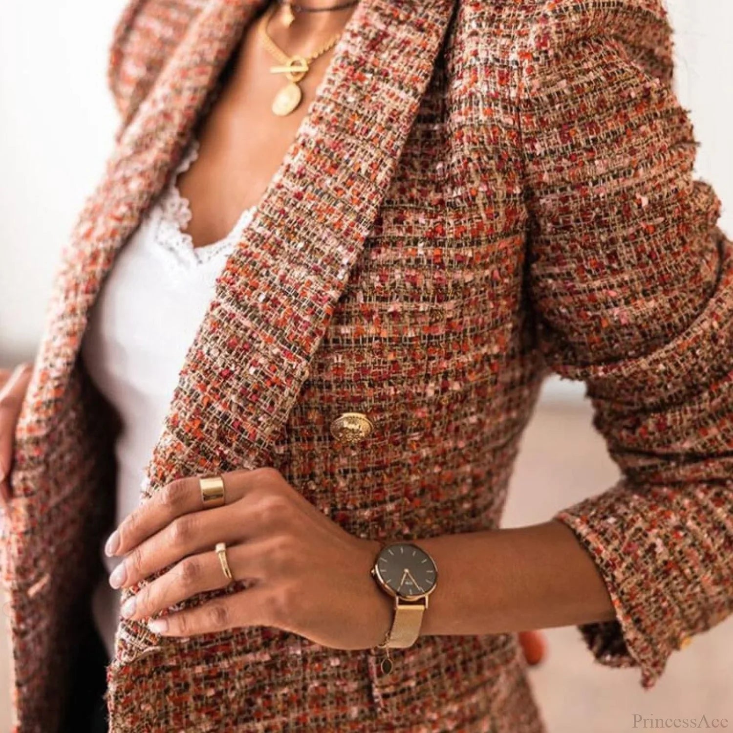 Lady Elegant Double-breasted Check Slim Long-sleeved Blazer