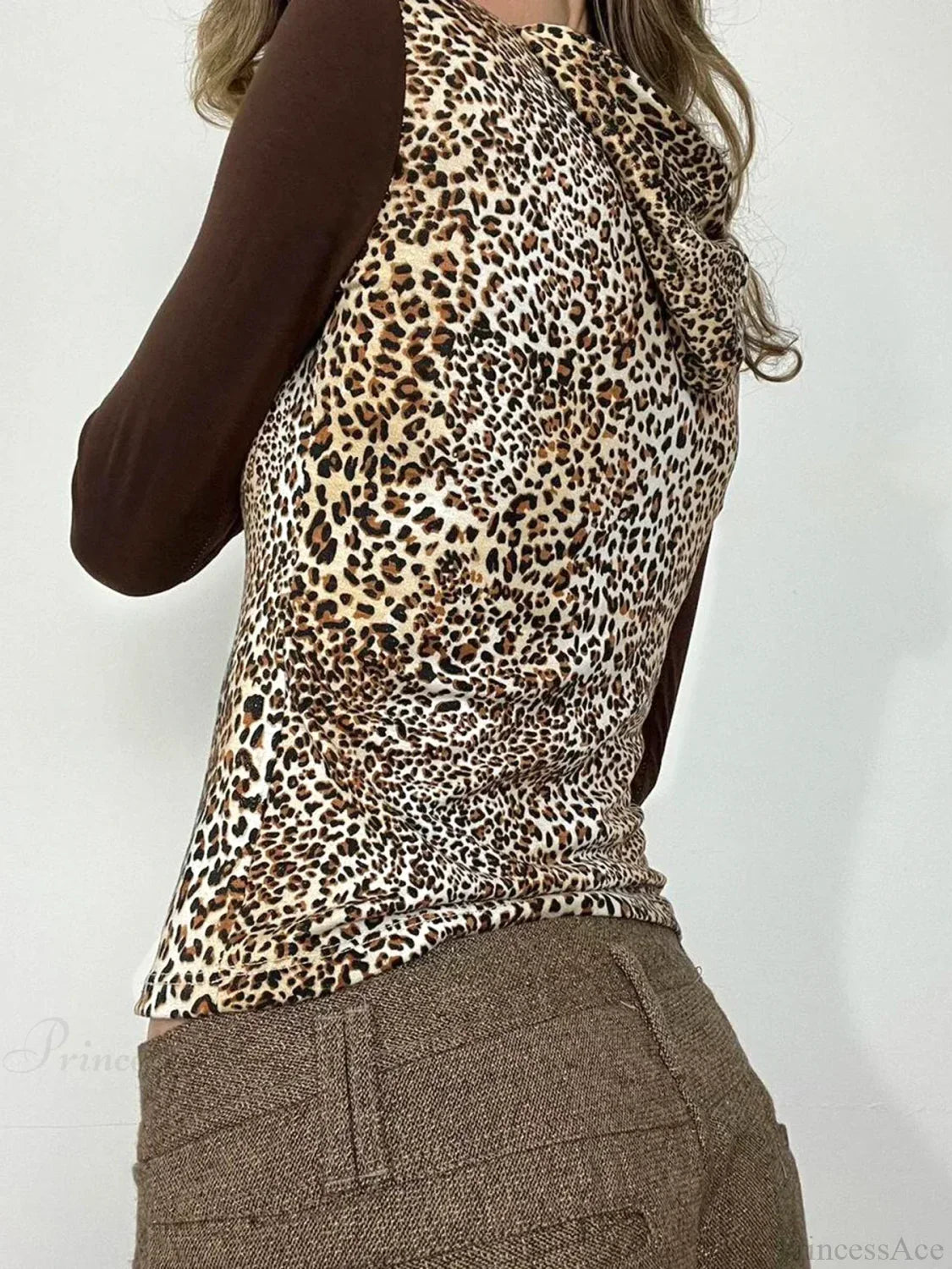Leopard Patchwork Hooded Slim V-Neck Long Sleeve Knit Top