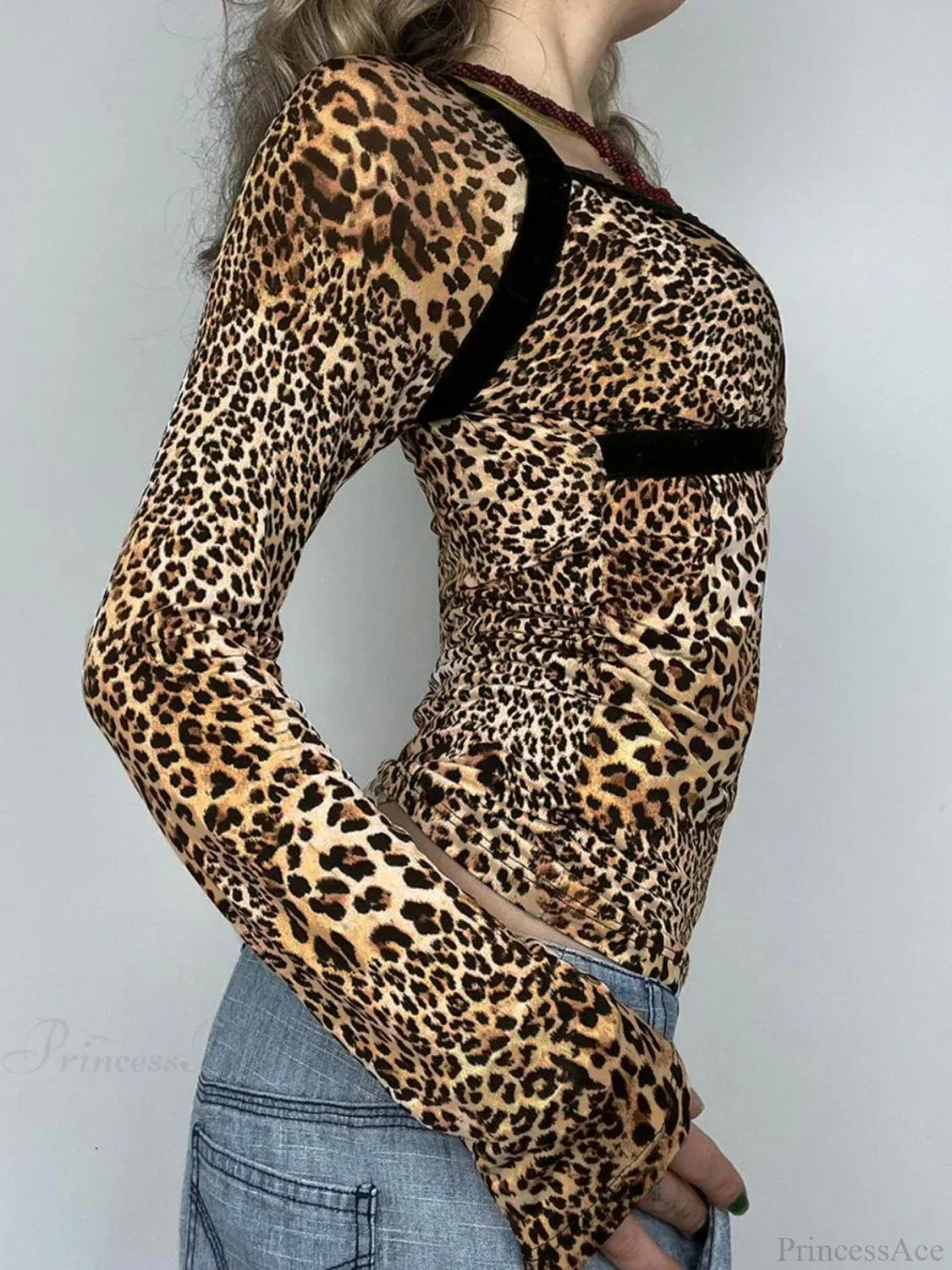 Leopard Patchwork Slim Square Collar Long Sleeve Knit Top