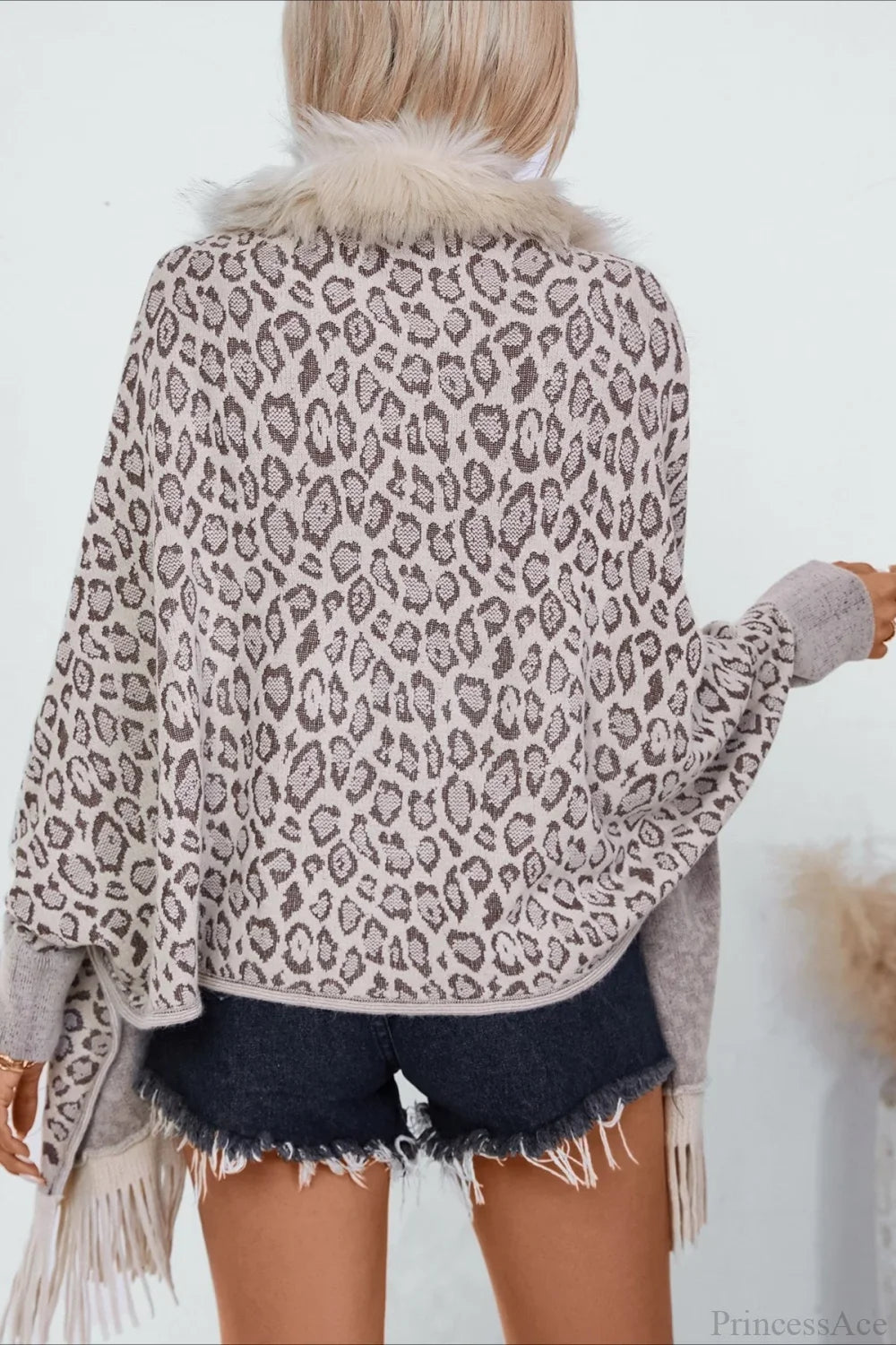 Leopard Print Fur Collar Shawl Batwing Knit Coat