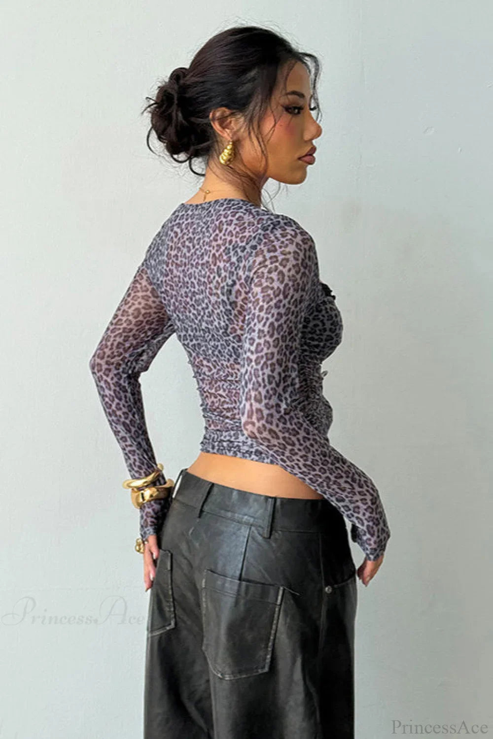 Leopard Print Mock Two-Piece Fitted Long Sleeve Tee