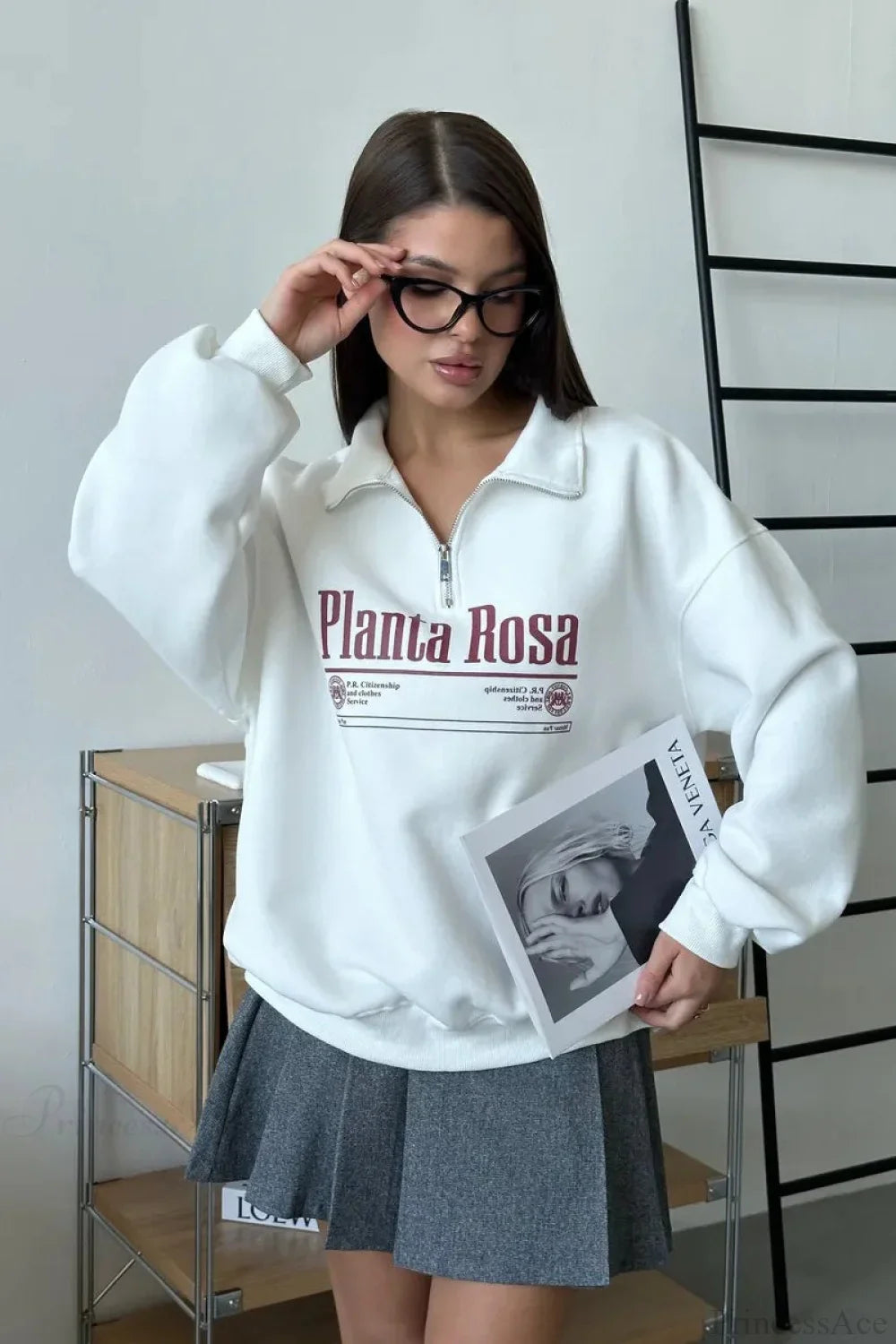 Letter Print Relaxed Convertible Collar Half-Zip Sweatshirt