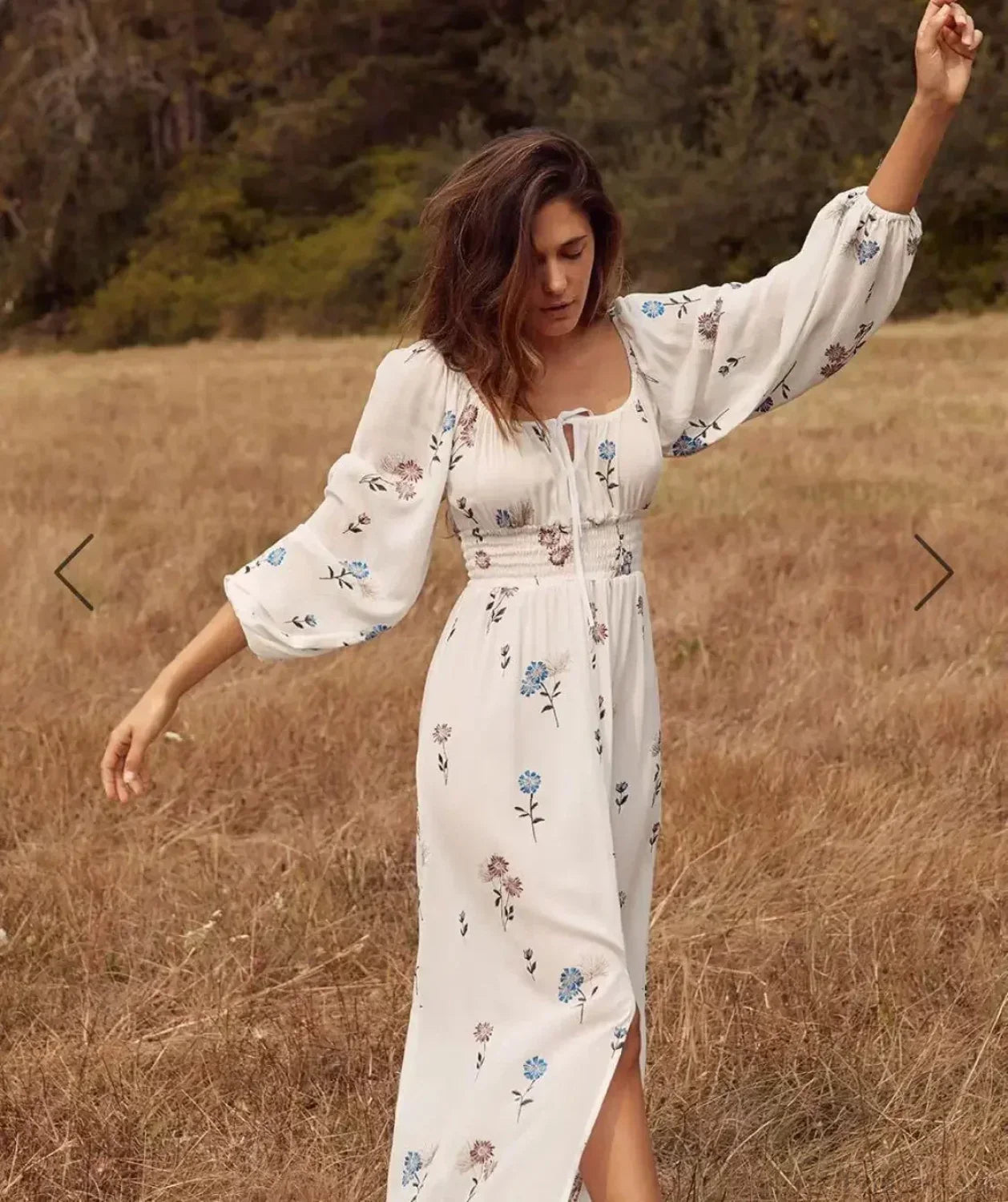 Long-sleeved Stretch Waist Split White Boho Dress