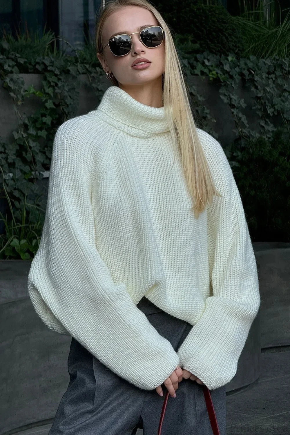 Loose Solid Cropped Turtleneck Crisscross Back Sweater